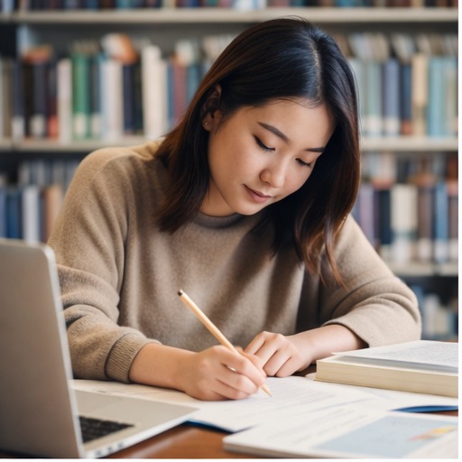 Étudiante préparant son dossier en bibliothèque