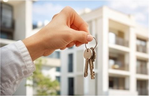 Clés devant un immeuble d'habitation